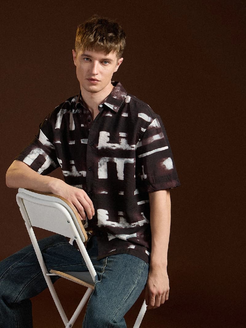 Men's Black Casual Printed Regular Fit Shirt