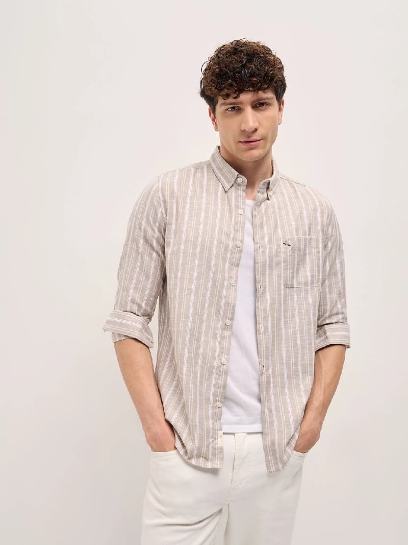 Men's Beige Casual Striped Slim Fit Cotton Shirt