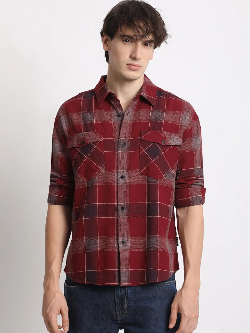 Men's Red Casual Checked Regular Fit Shirt
