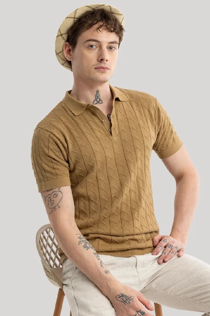 Men's Brown Casual Printed Slim Fit Polo Tshirt