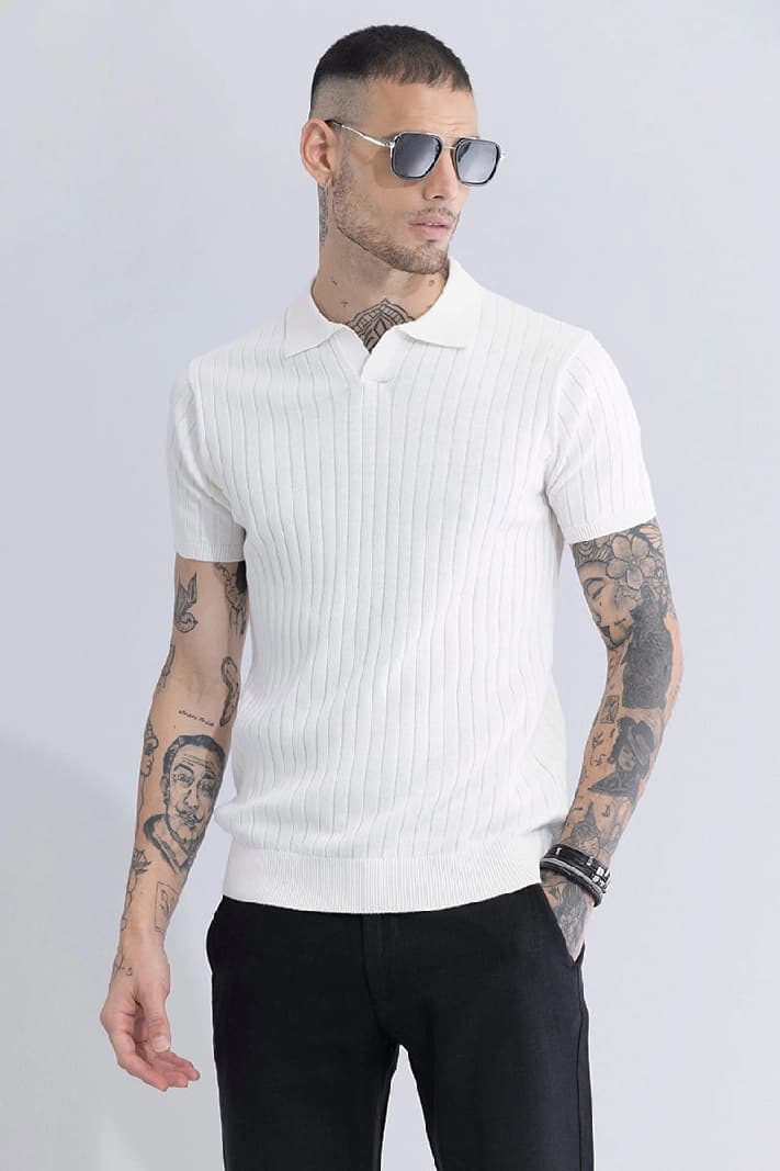 Men's White Casual Printed Slim Fit Polo Tshirt