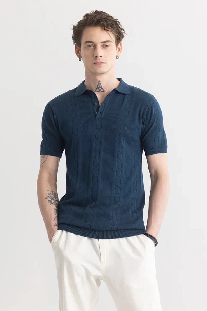 Men's Blue Casual Printed Slim Fit Polo Tshirt