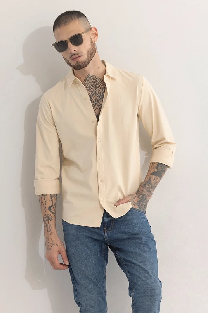 Men's Beige Casual Printed Slim Fit Shirt