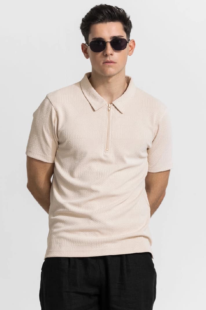 Men's Beige Casual Printed Slim Fit Polo Tshirt