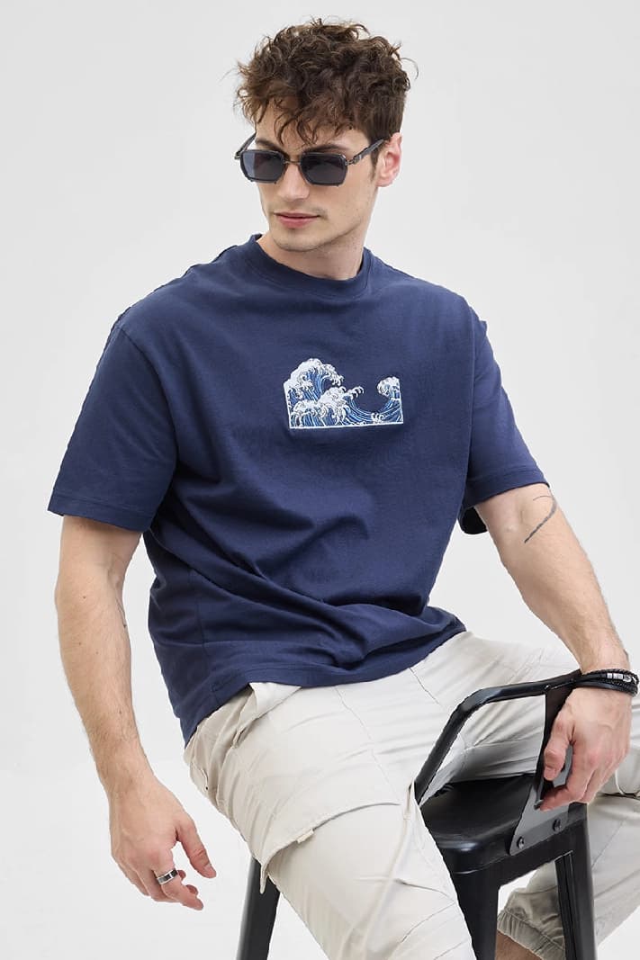 Men's Navy Casual Printed Oversized Fit Tshirt