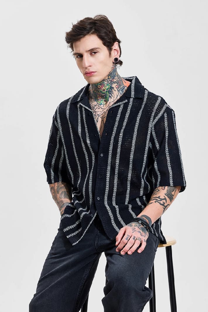 Men's Black Casual Striped Oversized Fit Shirt