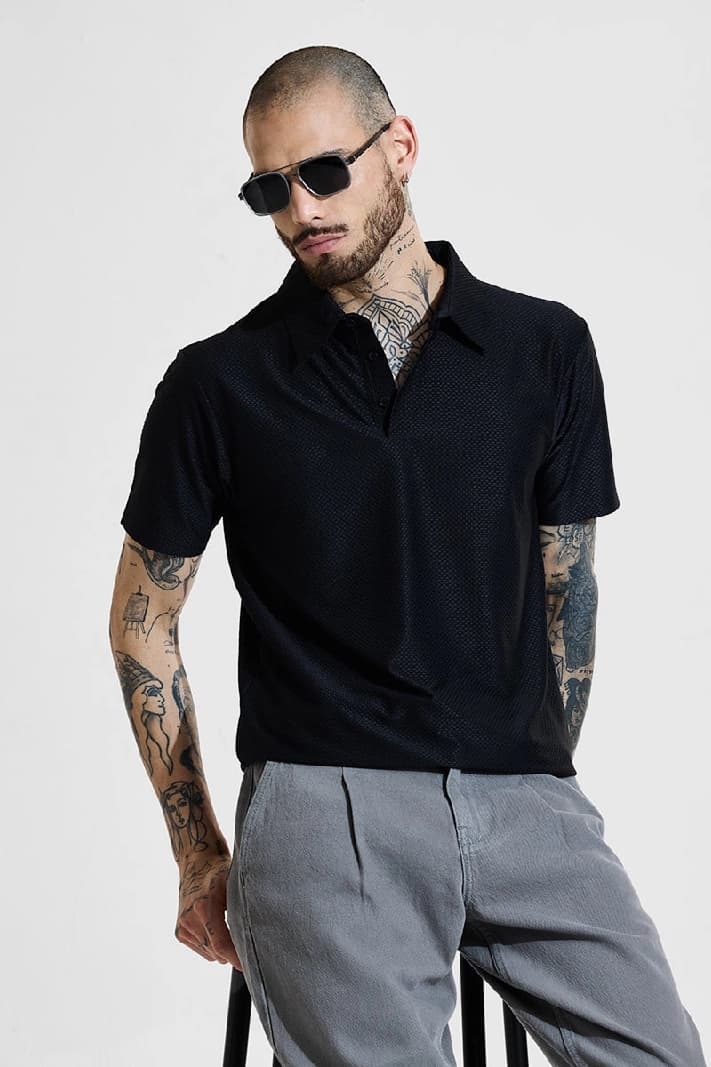 Men's Black Casual Printed Slim Fit Polo Tshirt