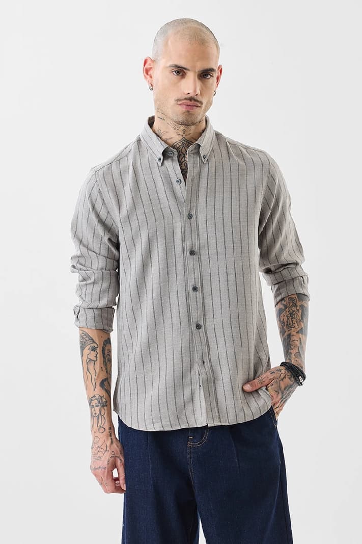 Men's Grey Casual Striped Regular Fit Cotton Shirt