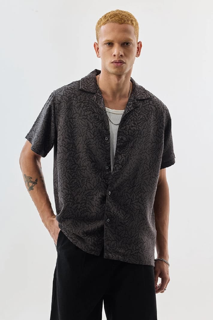 Men's Grey Casual Printed Oversized Fit Shirt