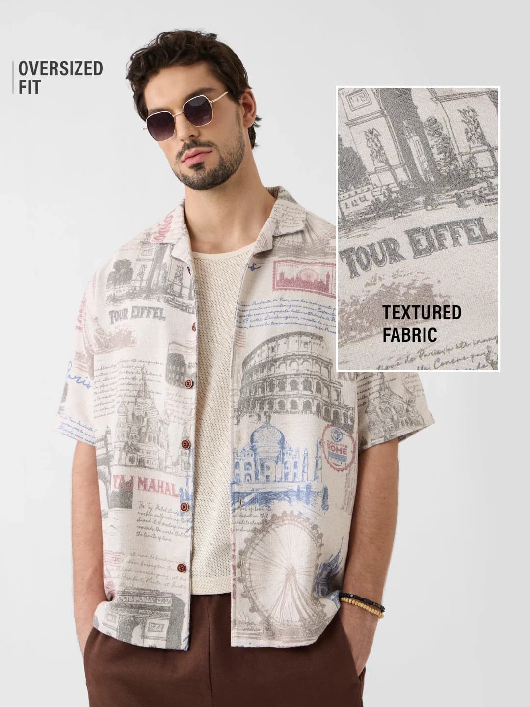 Men's Grey Casual Printed Oversized Fit Linen Shirt