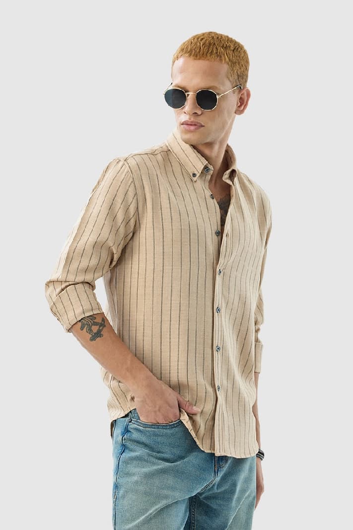 Men's Beige Casual Striped Regular Fit Cotton Shirt