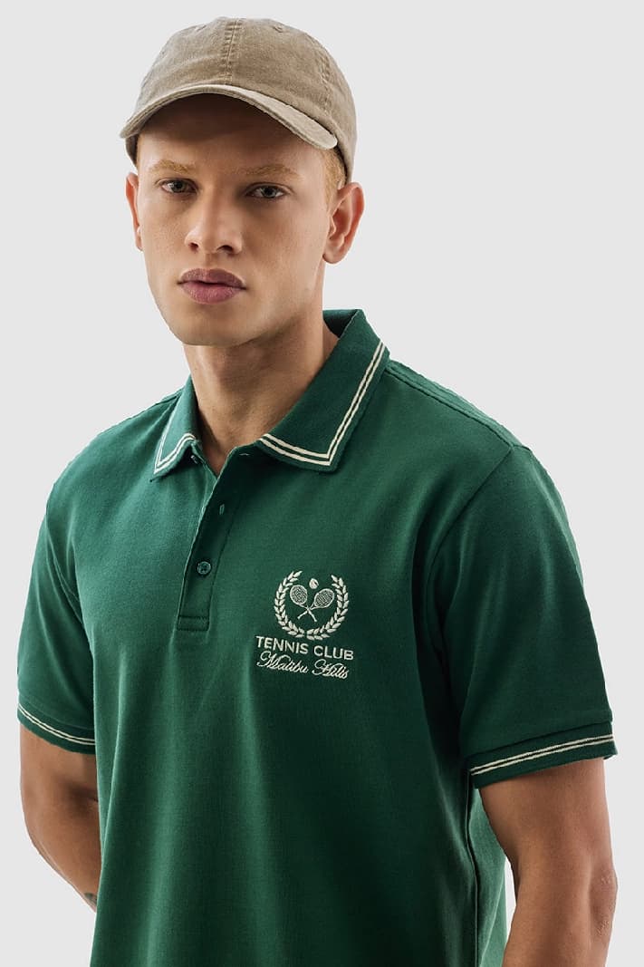 Men's Green Casual Printed Slim Fit Polo Tshirt