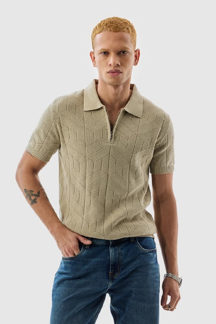 Men's Beige Casual Printed Slim Fit Polo Tshirt