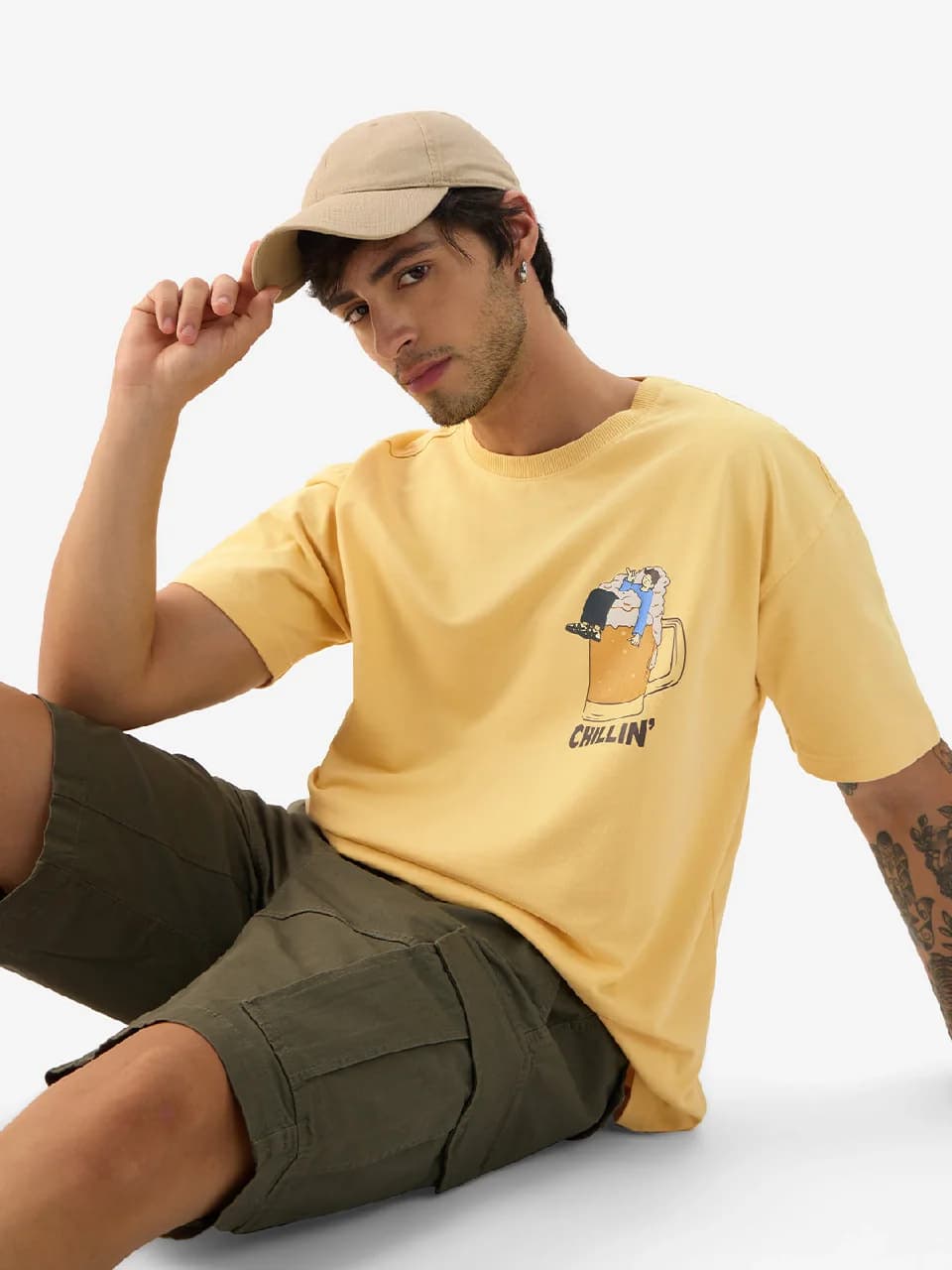 Men's Yellow Casual Printed Oversized Fit Tshirt