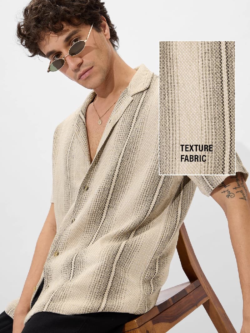 Men's Beige Casual Striped Regular Fit Cotton Shirt