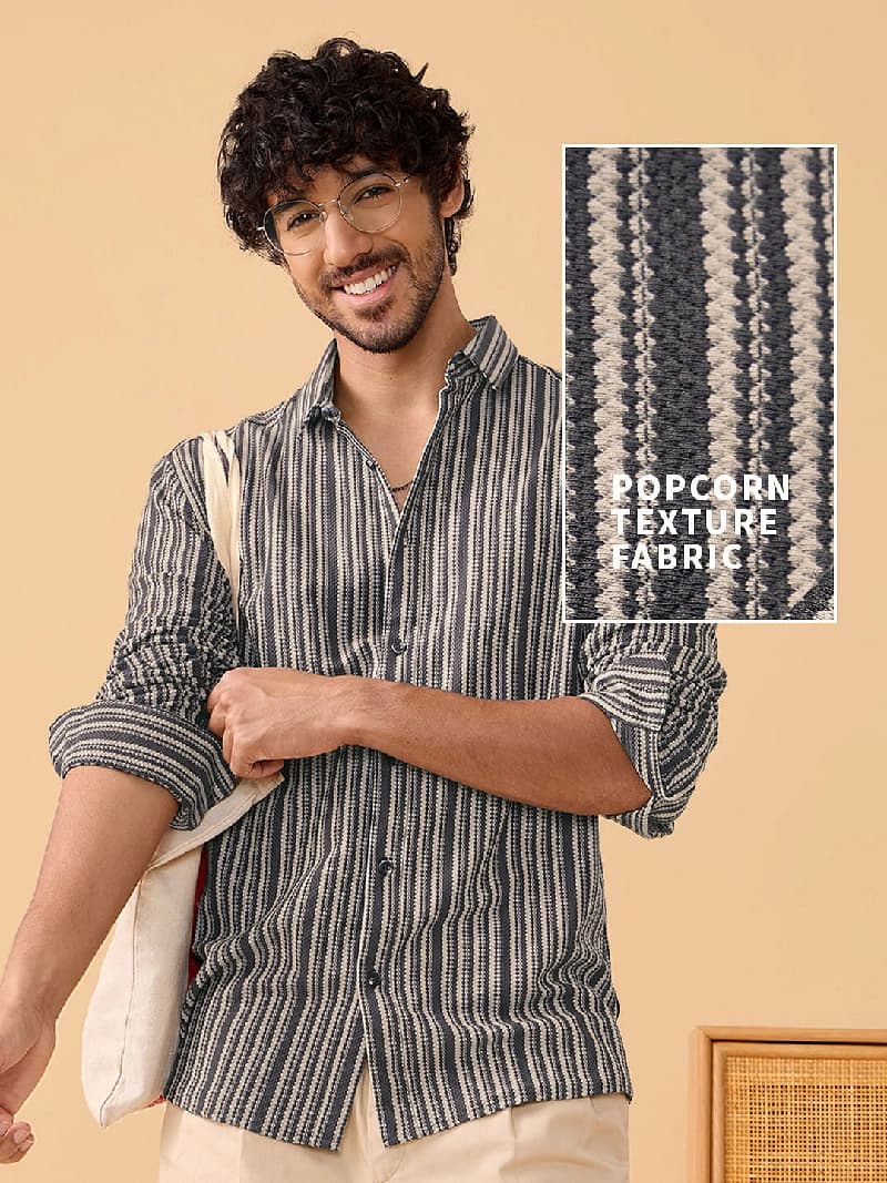 Men's Grey Casual Striped Regular Fit Shirt