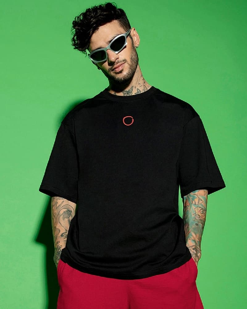 Men's Black Casual Printed Oversized Fit Tshirt