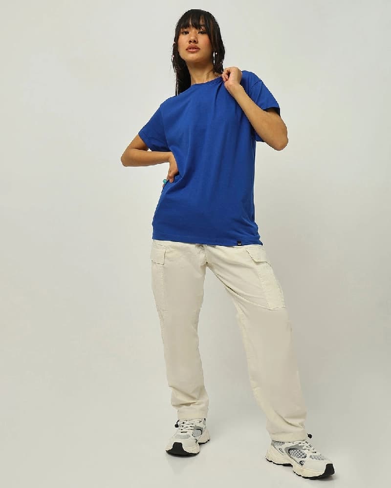 Women's Blue Casual Solid Oversized Fit Tshirt
