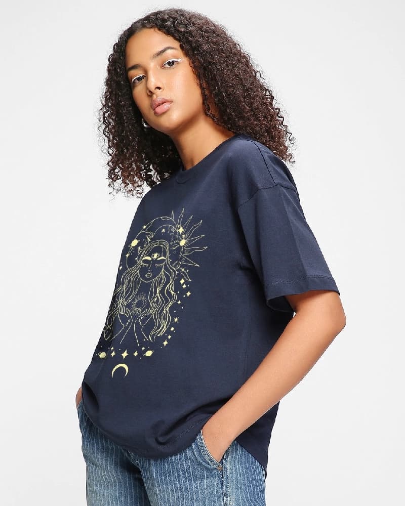 Women's Blue Casual Printed Oversized Fit Tshirt