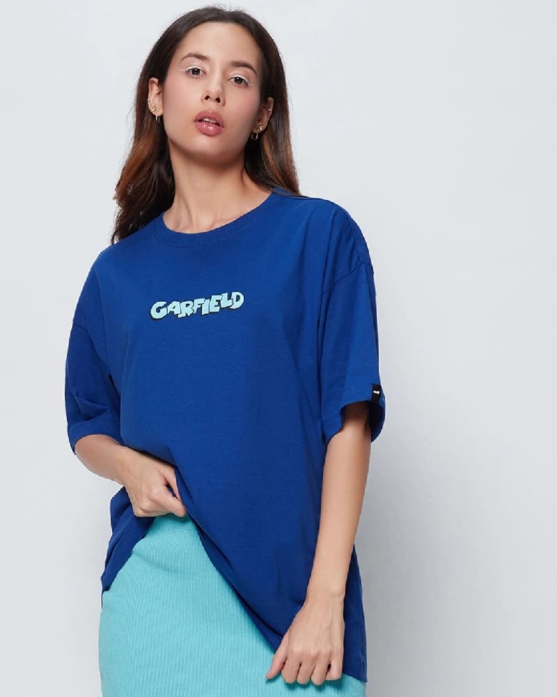 Women's Blue Casual Printed Oversized Fit Tshirt