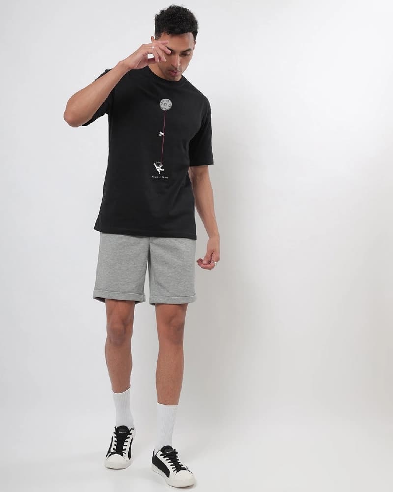 Men's Black Casual Printed Oversized Fit Tshirt
