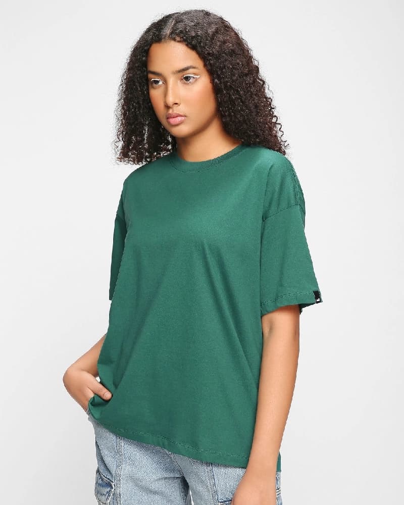 Women's Green Casual Solid Oversized Fit Tshirt