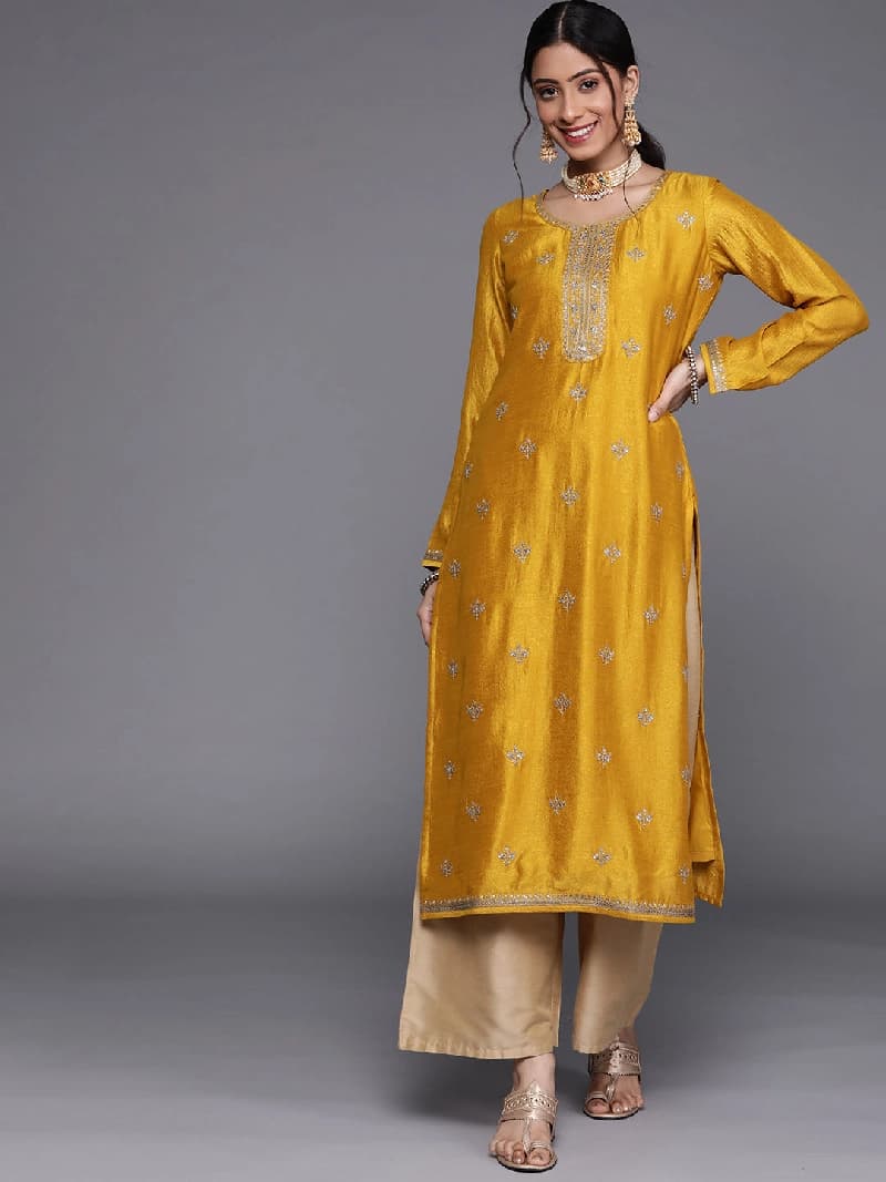 Women's Yellow Festive Regular Fit Kurta