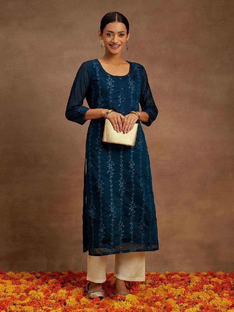 Women's Blue Casual Regular Fit Kurta