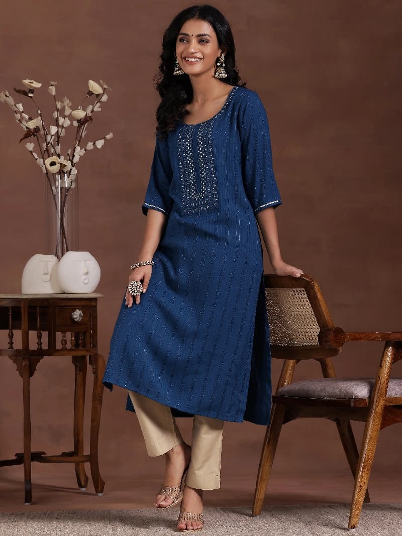 Women's Blue Casual Regular Fit Kurta