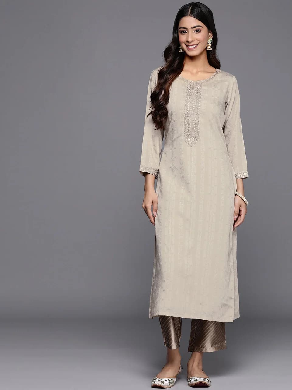 Women's Grey Festive Regular Fit Kurta
