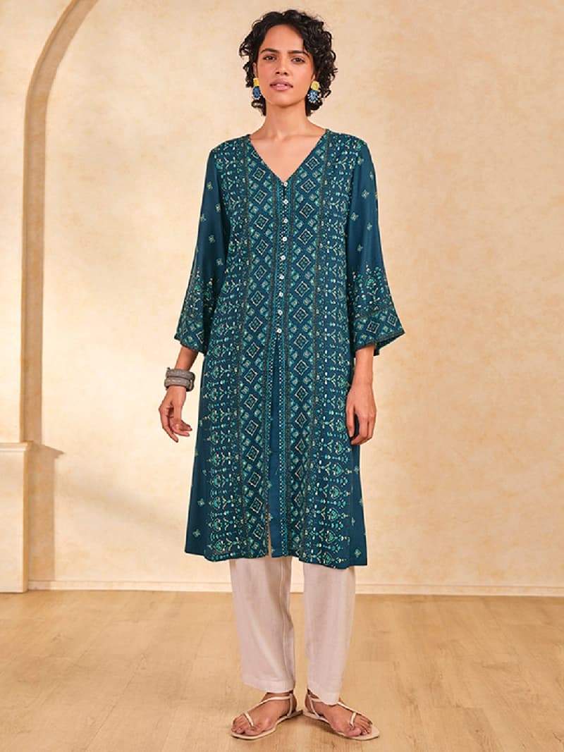 Women's Blue Casual Printed Regular Fit Kurta