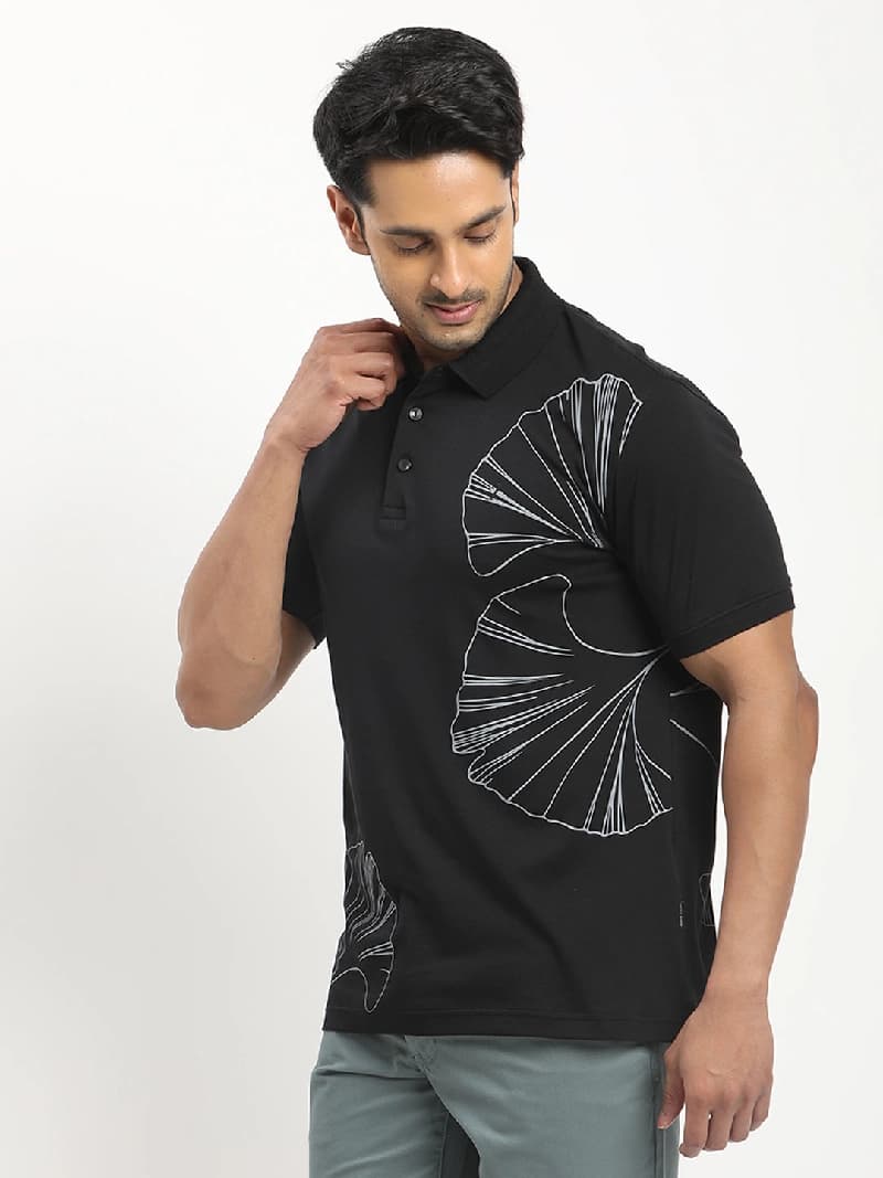 Men's Black Casual Printed Regular Fit Polo Tshirt