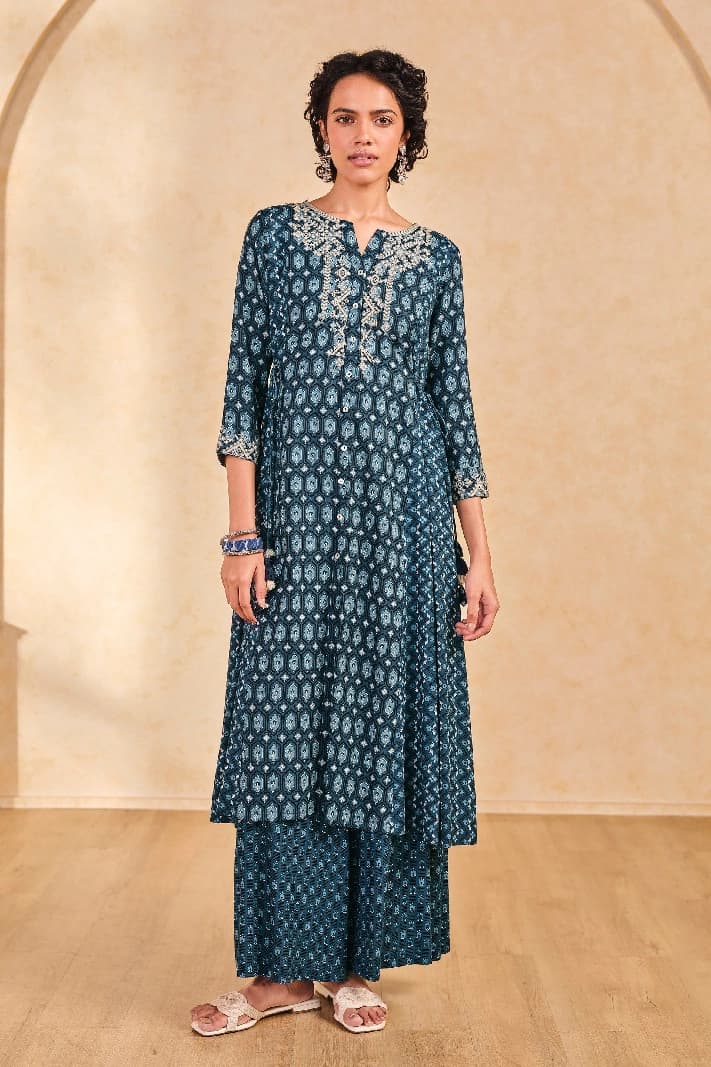 Women's Blue Casual Printed Fit & Flared Kurta