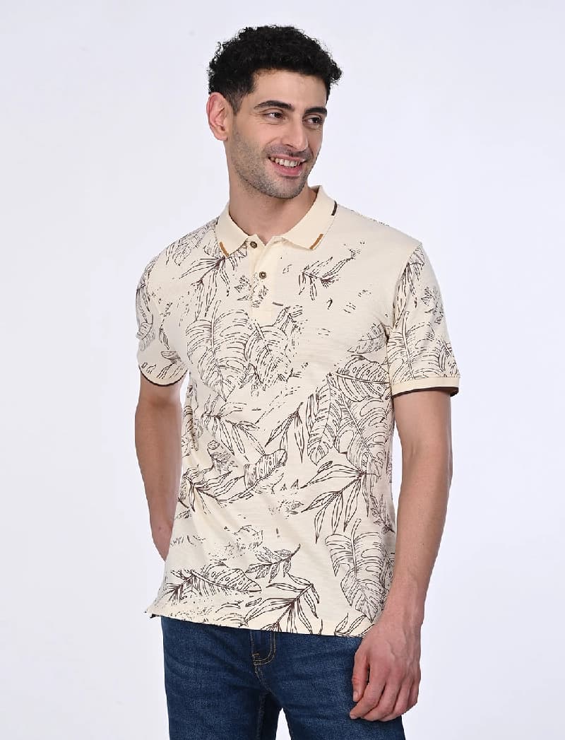 Men's White Casual Printed Regular Fit Polo Tshirt