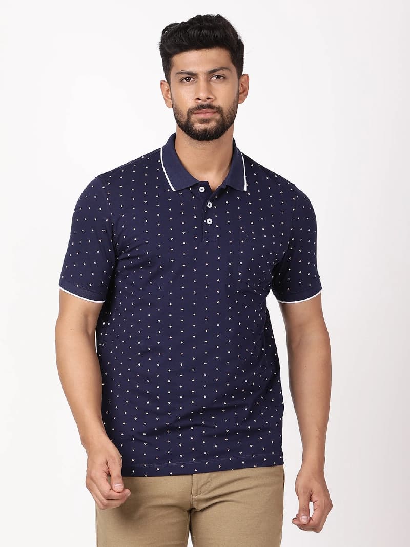 Men's Navy Casual Printed Regular Fit Polo Tshirt