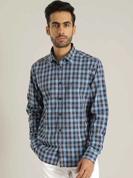 Men's Blue Casual Checked Slim Fit Shirt