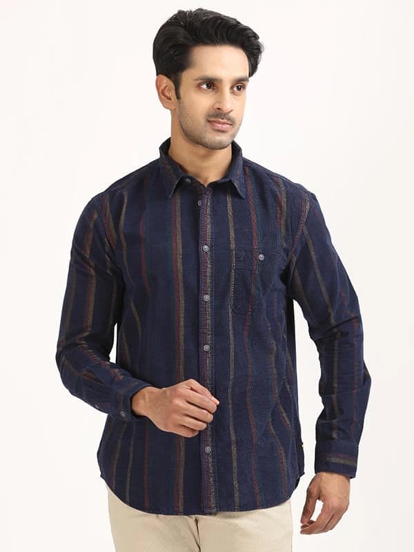 Men's Navy Casual Striped Regular Fit Shirt