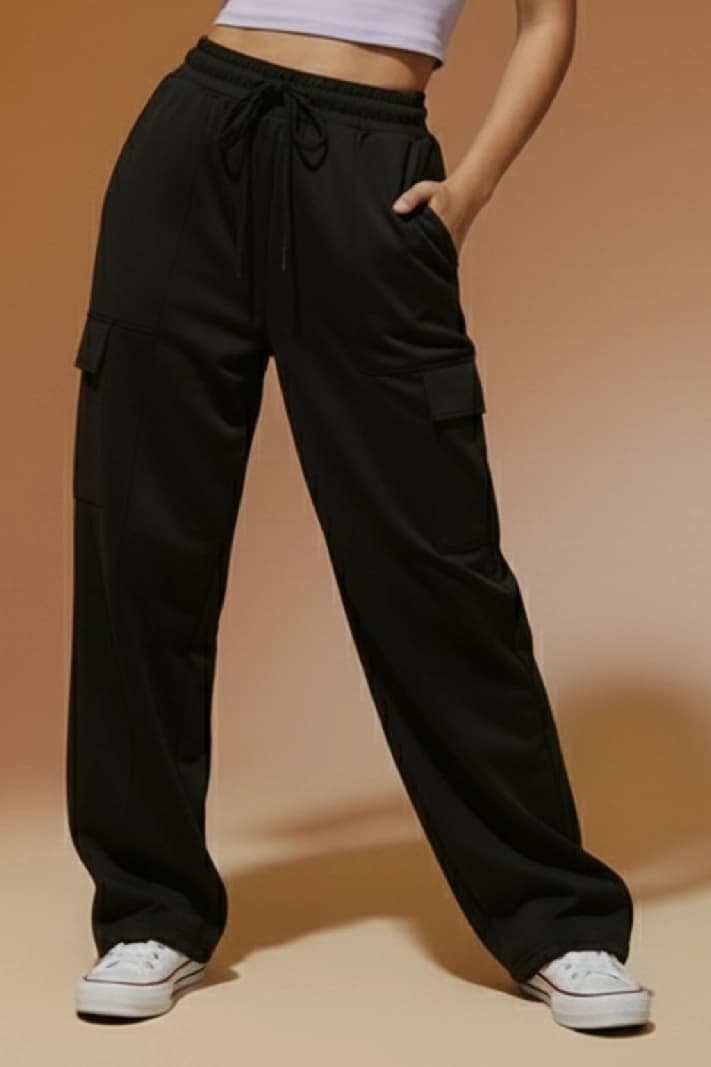 Women's Black Casual Solid Straight Fit Cargo