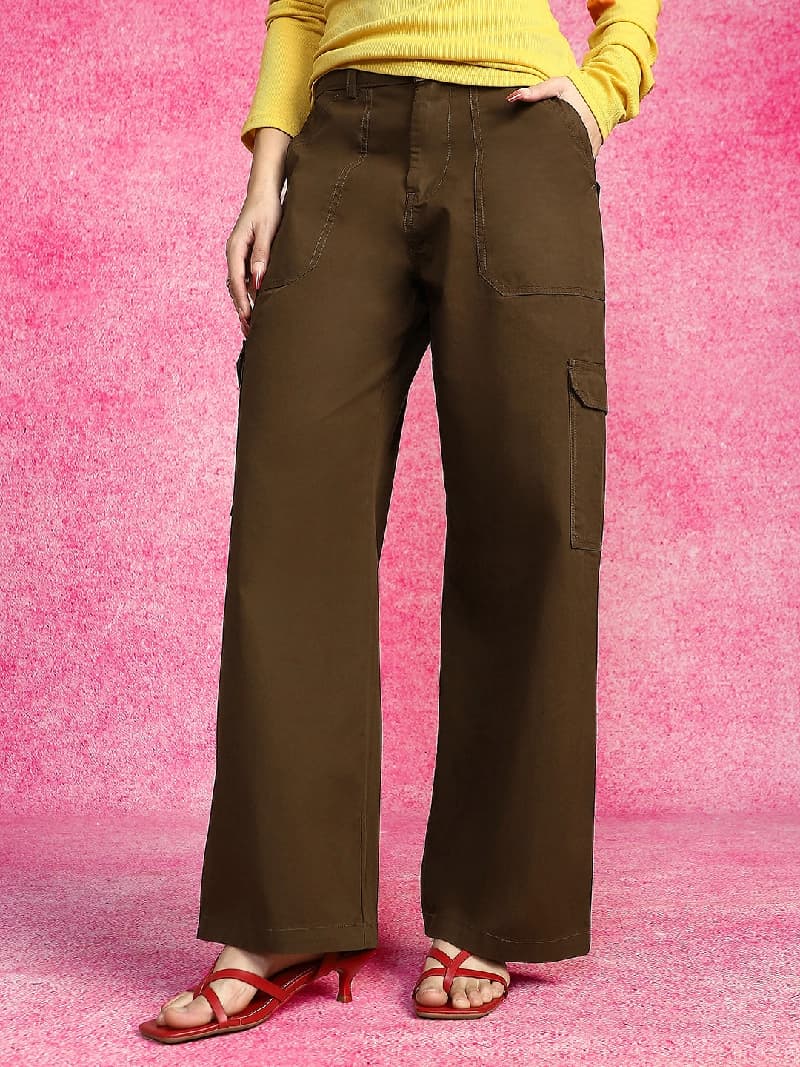 Women's Brown Casual Solid Straight Fit Cargo