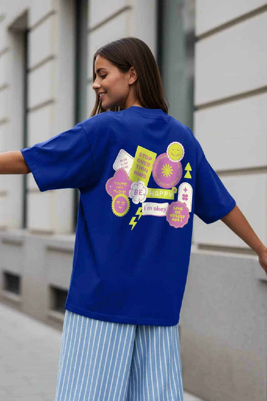 Women's Blue Casual Printed Oversized Fit Tshirt
