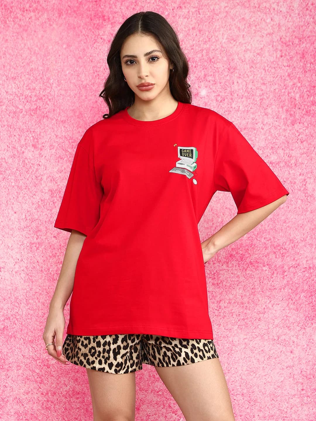 Women's Red Casual Printed Oversized Fit Tshirt