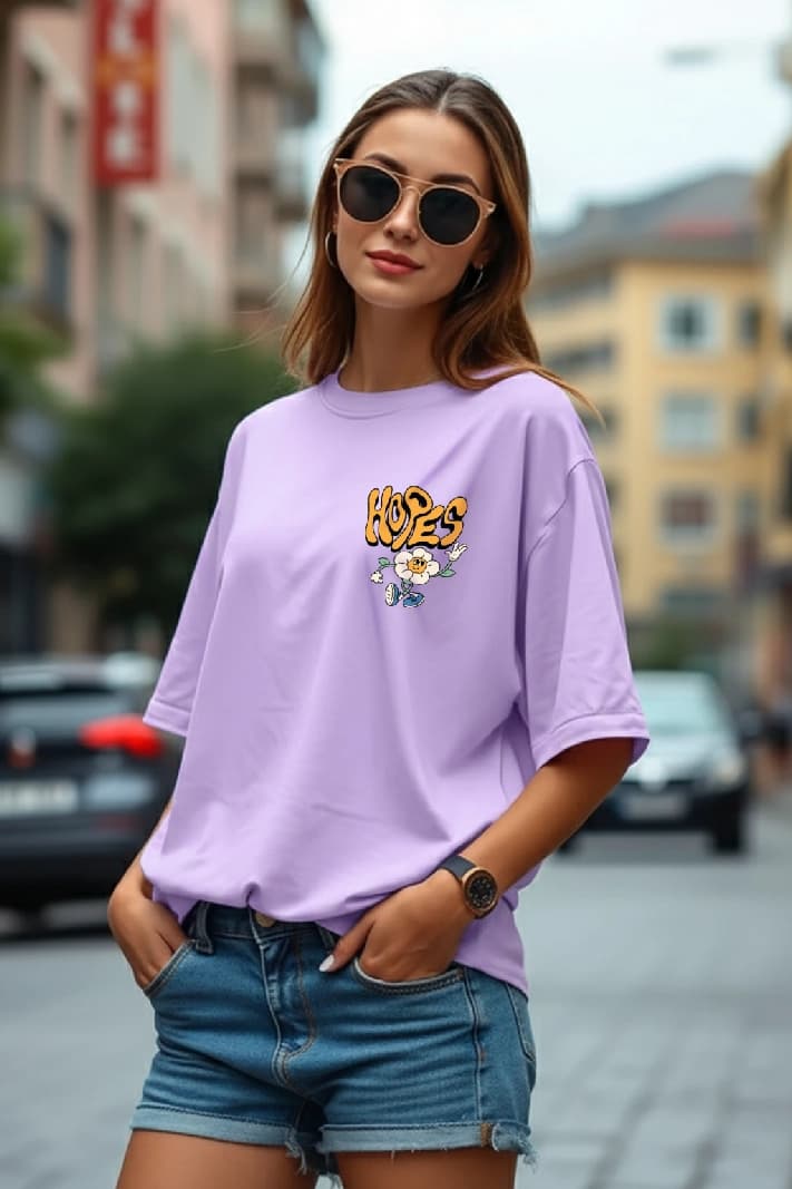 Women's Purple Casual Printed Oversized Fit Tshirt