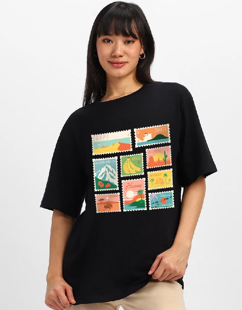 Women's Black Casual Printed Oversized Fit Tshirt