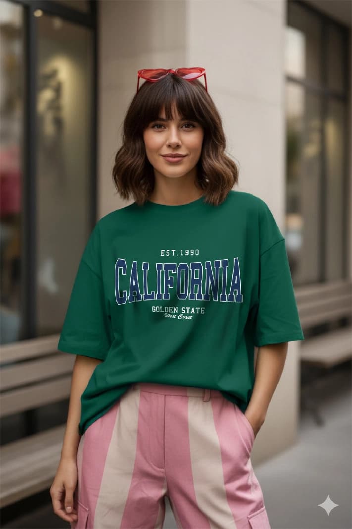Women's Green Casual Printed Oversized Fit Tshirt