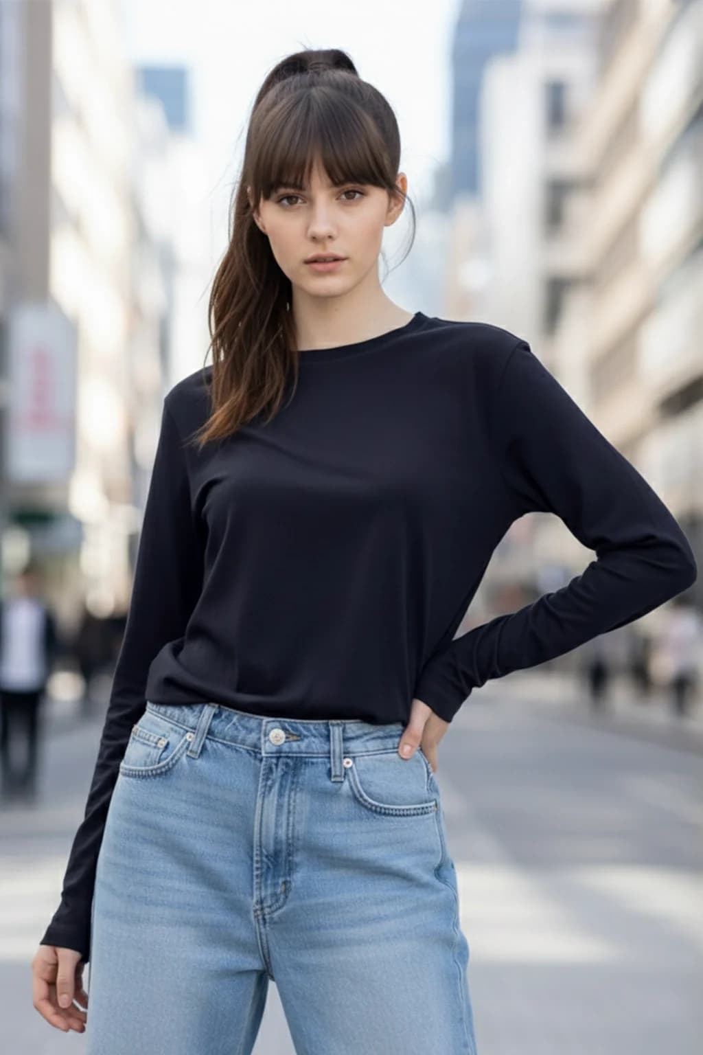 Women's Navy Casual Solid Regular Fit Tshirt