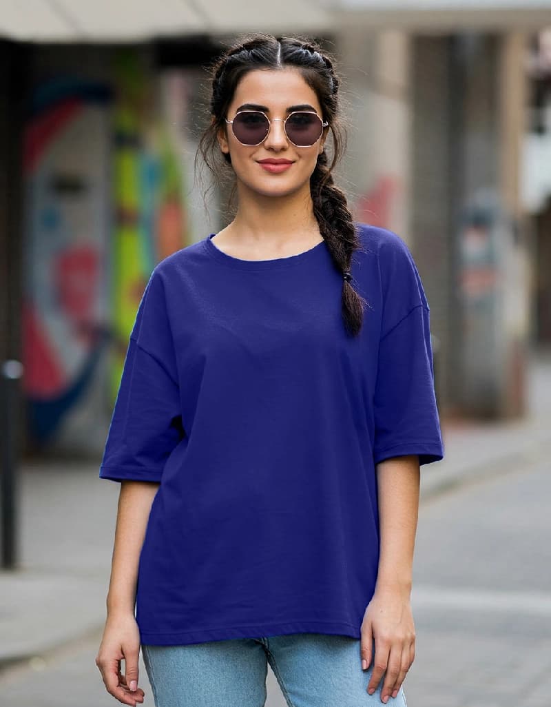 Women's Blue Casual Solid Oversized Fit Tshirt