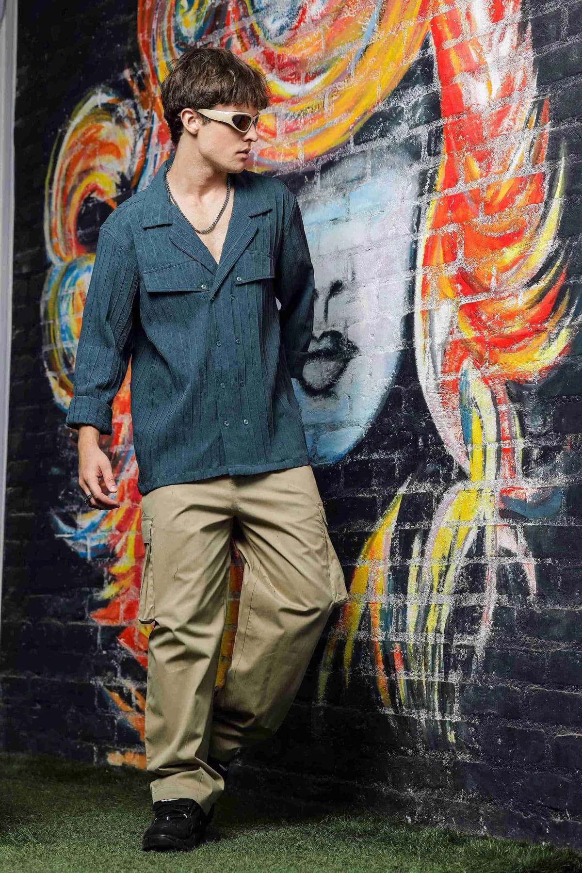 Unisex Blue Casual Textured Oversized Fit Shirt