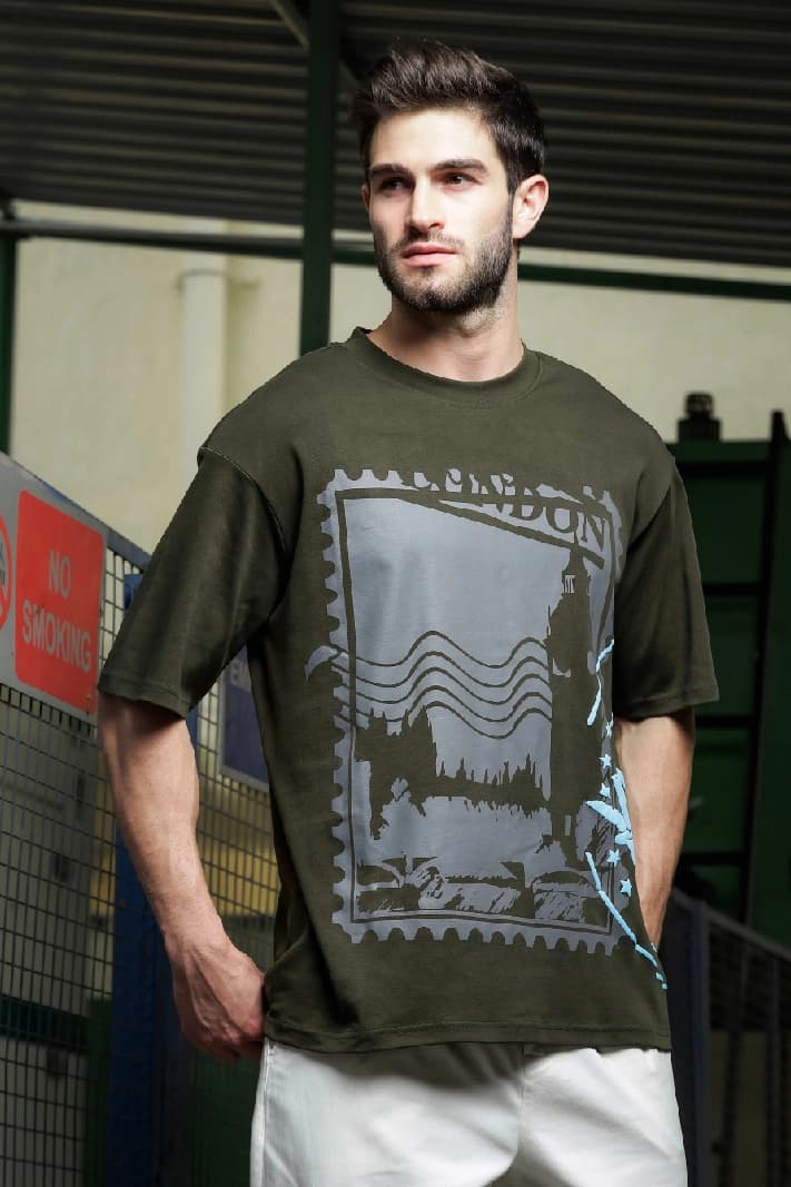 Unisex Green Casual Printed Oversized Fit Tshirt