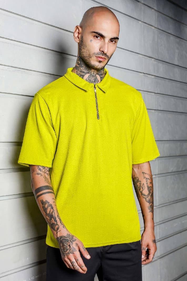 Unisex Green Casual Textured Oversized Fit Polo Tshirt