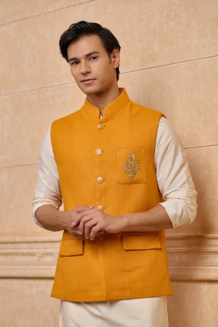 Men's Yellow Casual Solid Regular Fit Nehru Jacket